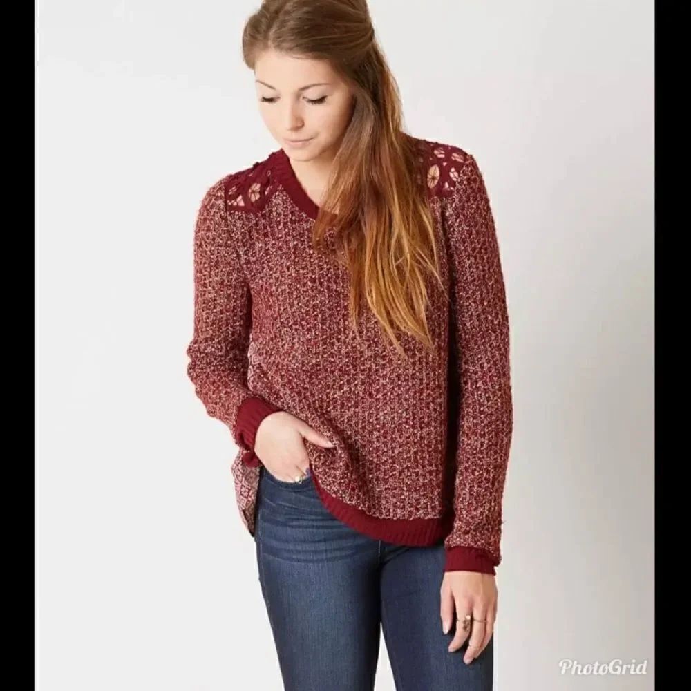Miss Me Crochet Pieced Burgundy Crewneck Sweater